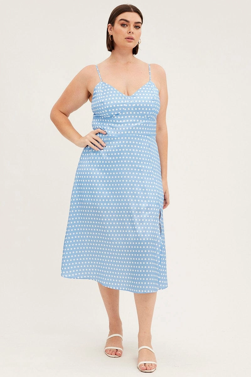 Blue Polka Dot Midi Dress Strappy Front Split Satin Fresh Flow Timeless Comfort