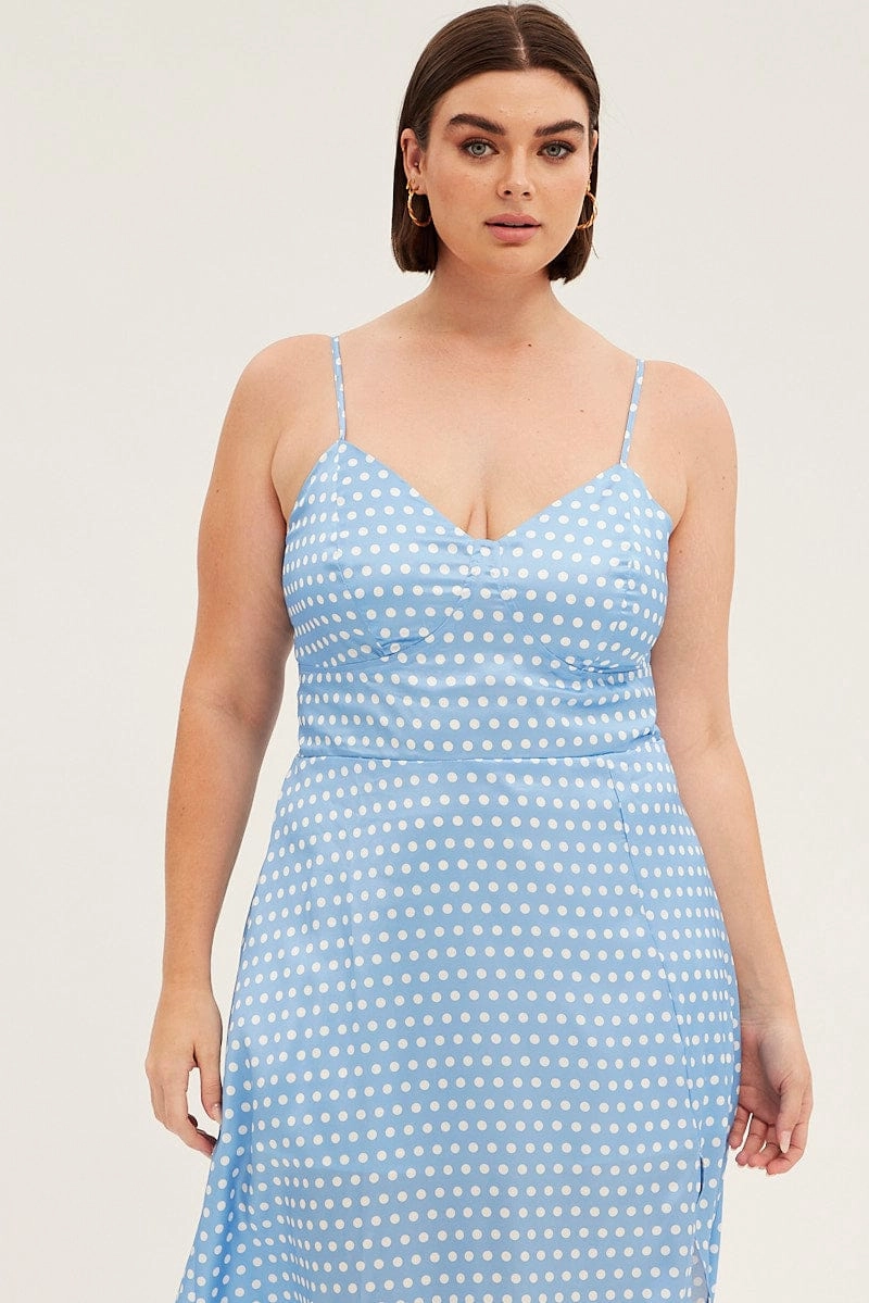 Blue Polka Dot Midi Dress Strappy Front Split Satin Elegant Layers