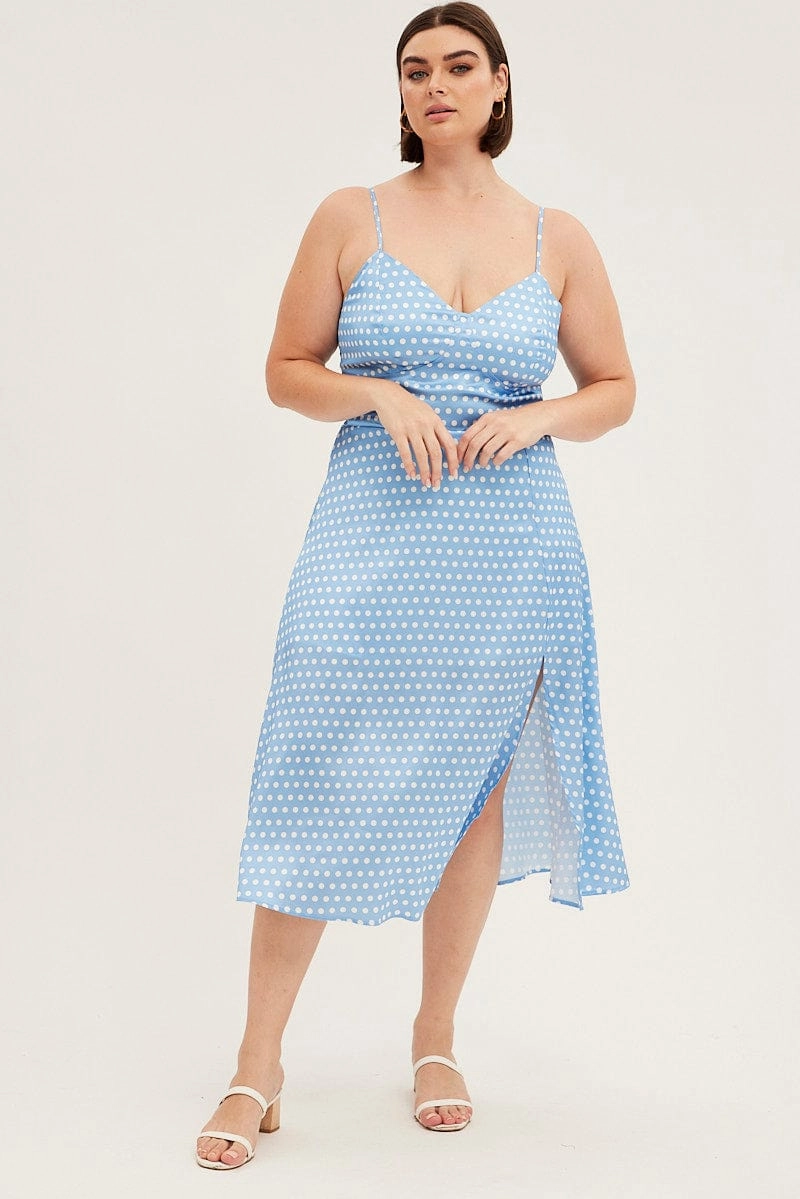Contemporary Waist Blue Polka Dot Midi Dress Strappy Front Split Satin
