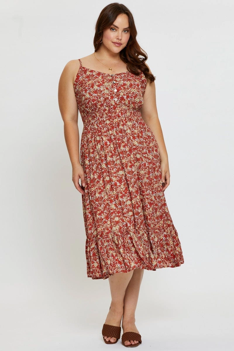 Floral Print Midi Dress V-neck Sleeveless Breathable Style