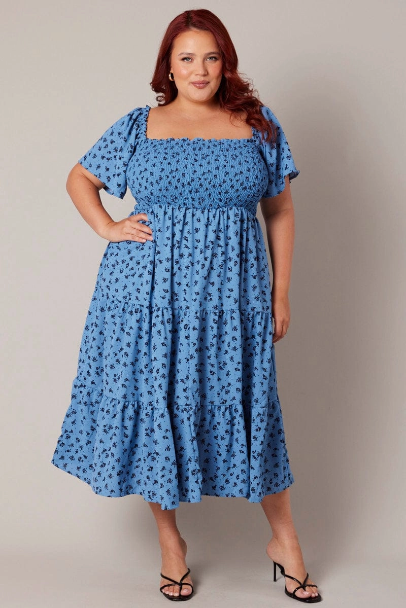 Blue Ditsy Midi Dress Short Sleeve Tiered Tie Back Smart Design Sophisticated and Relaxed