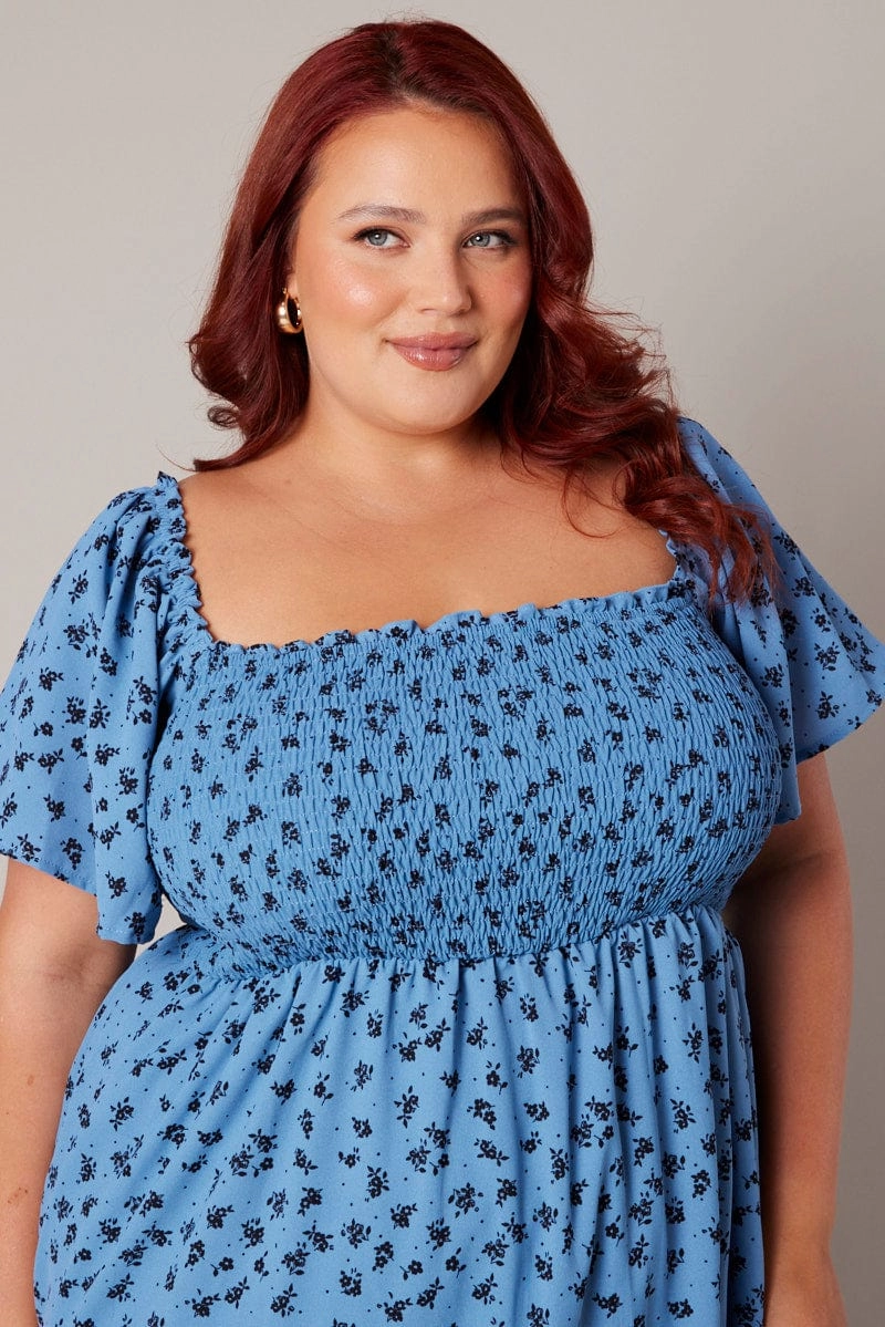 Blue Ditsy Midi Dress Short Sleeve Tiered Tie Back Profile Enhancer