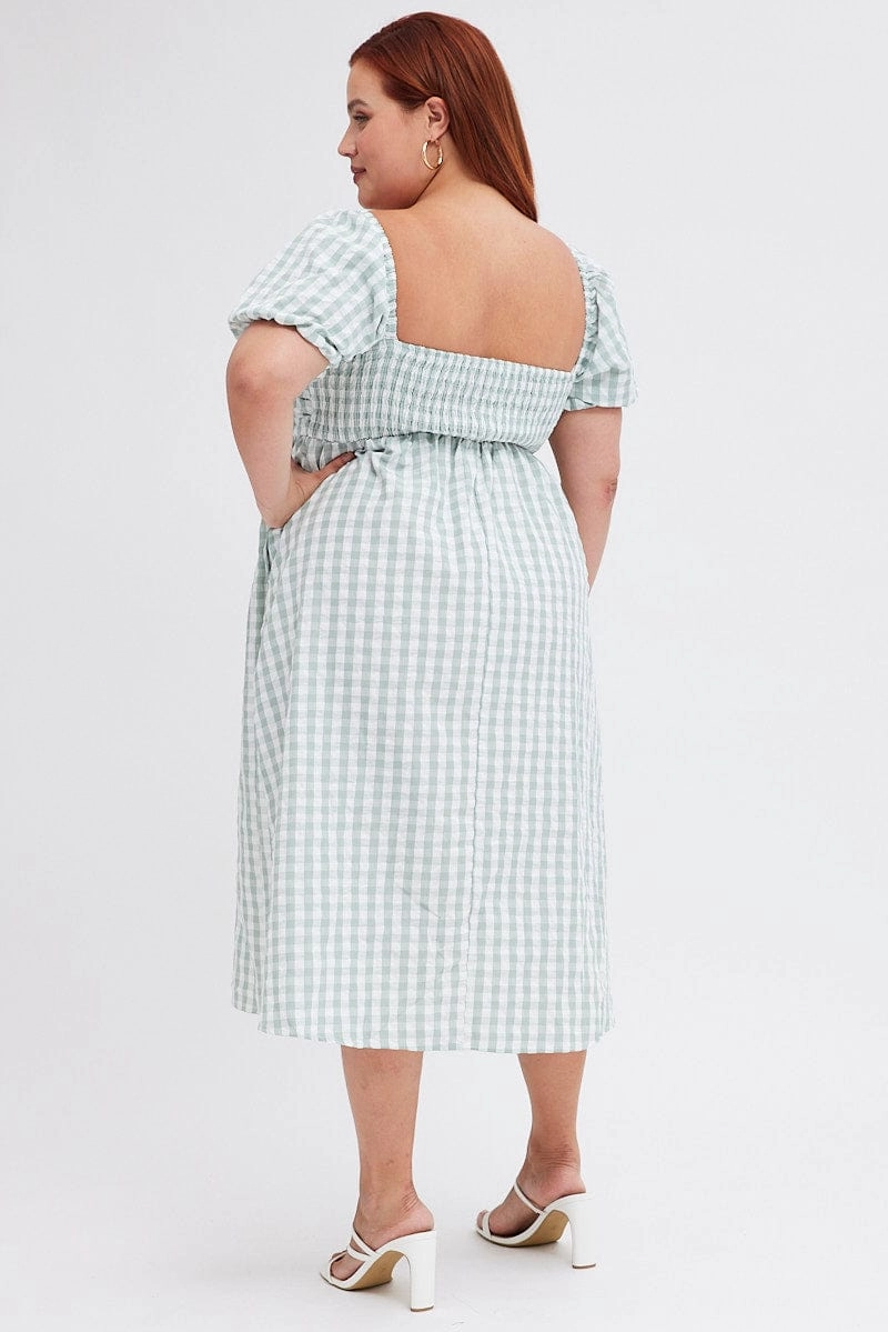 Check Midi Dress Ruched Bodice Gingham Puff Sleeve Elegant Everyday