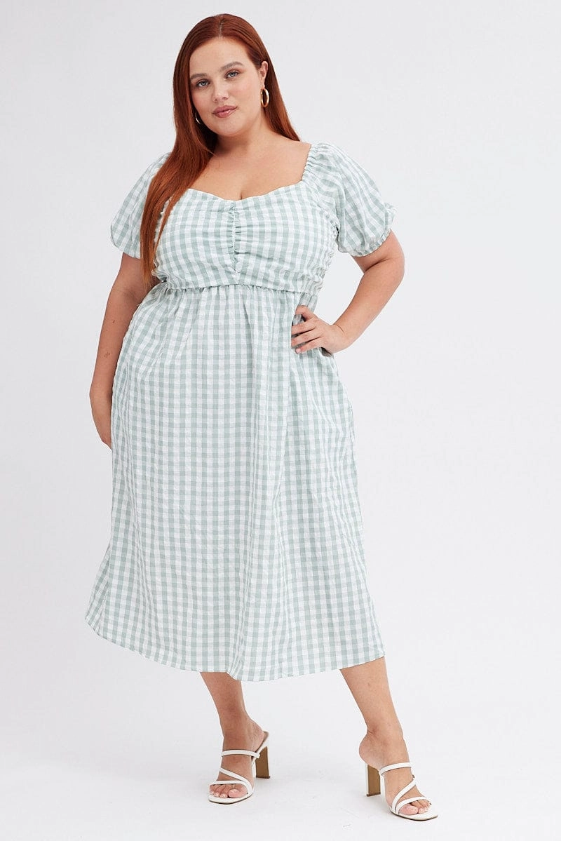 Check Midi Dress Ruched Bodice Gingham Puff Sleeve Tailored-fit