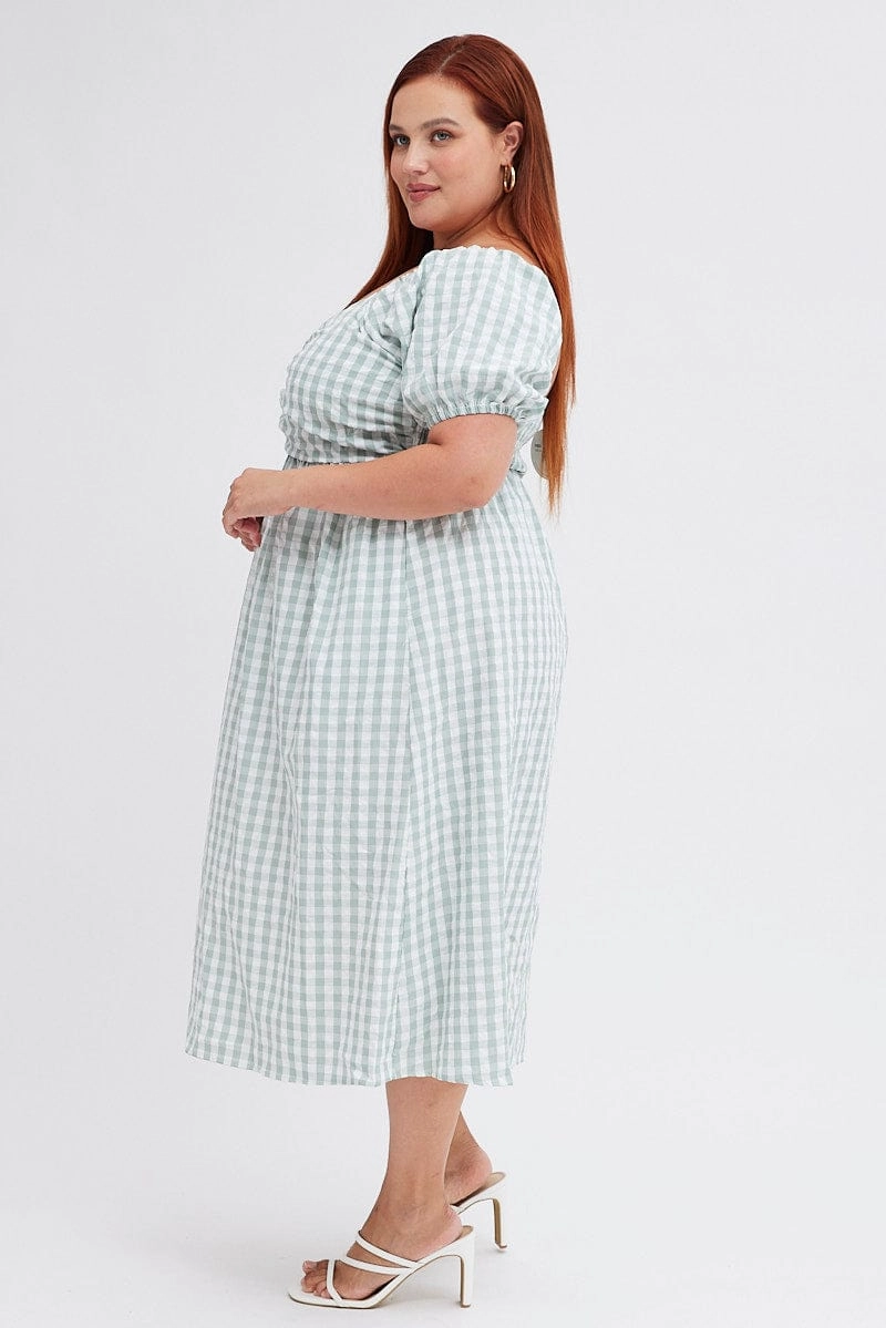 Clasp-Closure Classic Vibe Check Midi Dress Ruched Bodice Gingham Puff Sleeve