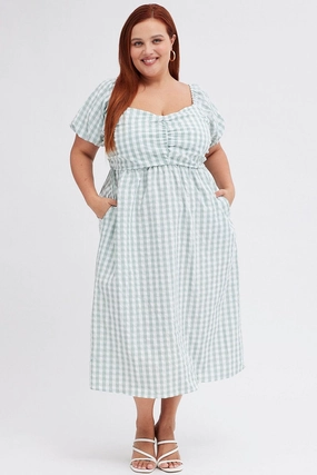 Check Midi Dress Ruched Bodice Gingham Puff Sleeve Stay Cool Wedding Style