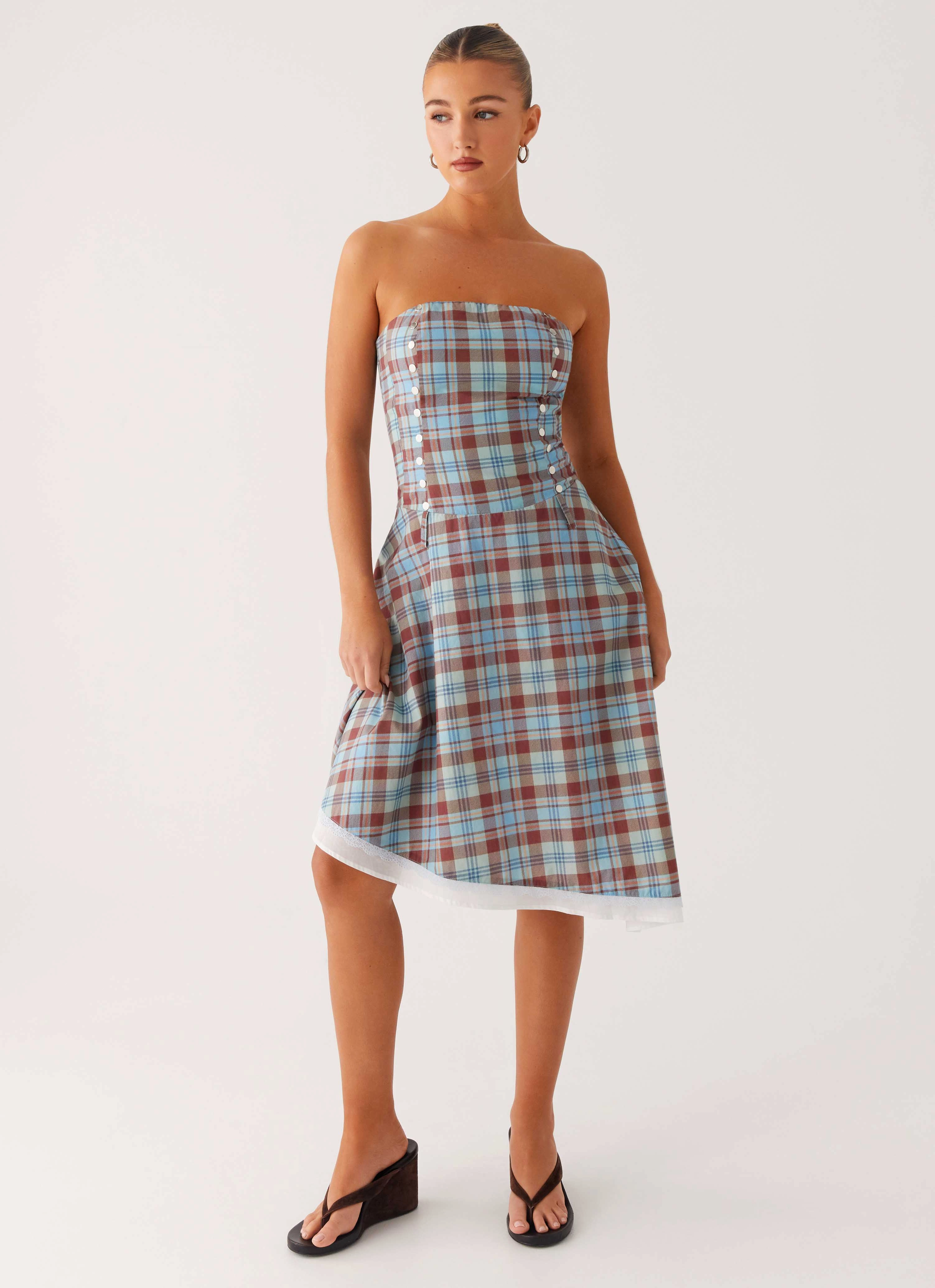 Tonie Strapless Midi Dress - Shoreline Check Romantic-Detail