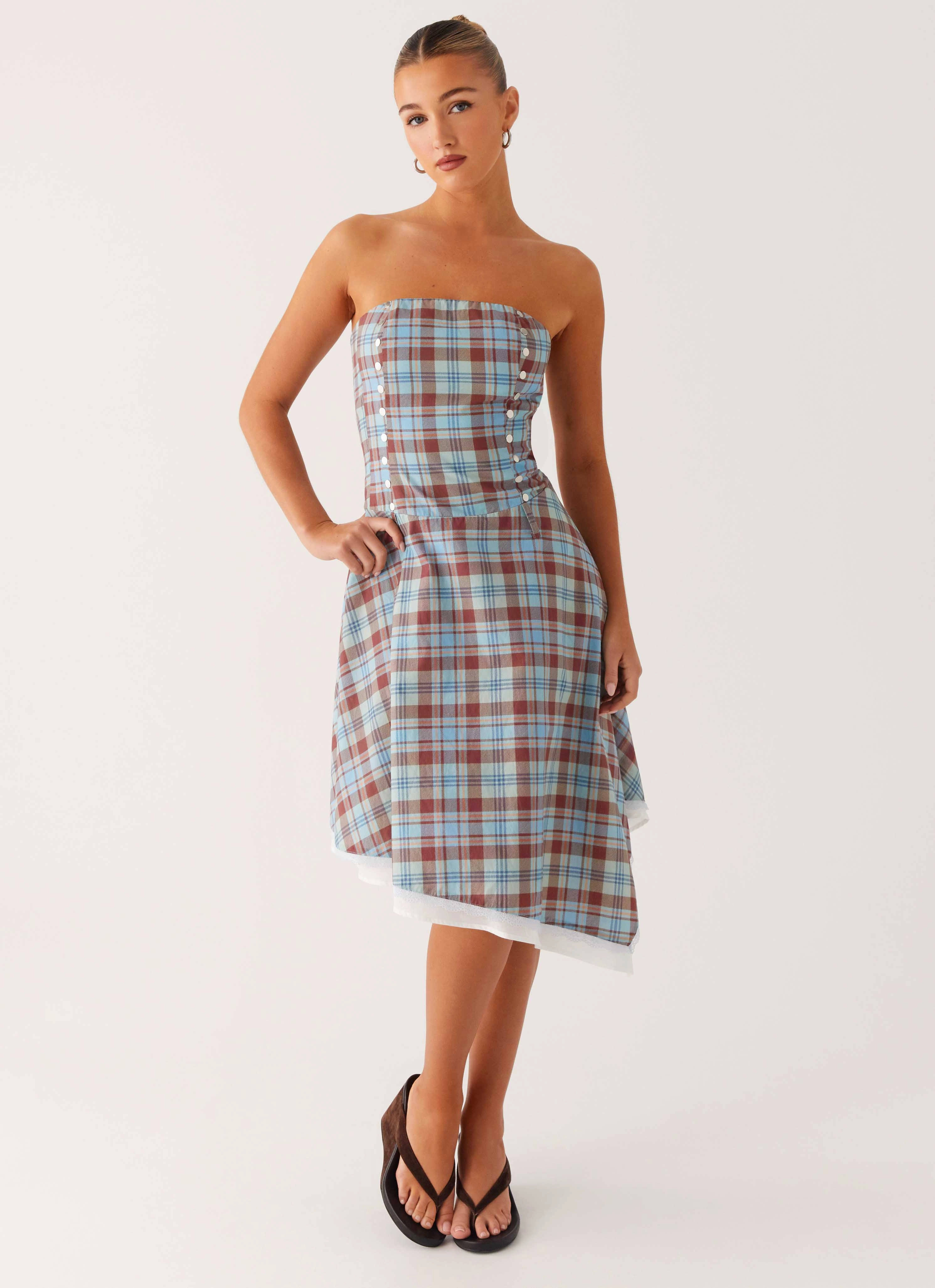 Flattering Comfort Wear Tonie Strapless Midi Dress - Shoreline Check