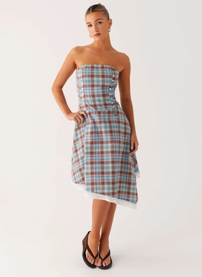 Flattering Comfort Wear Tonie Strapless Midi Dress - Shoreline Check