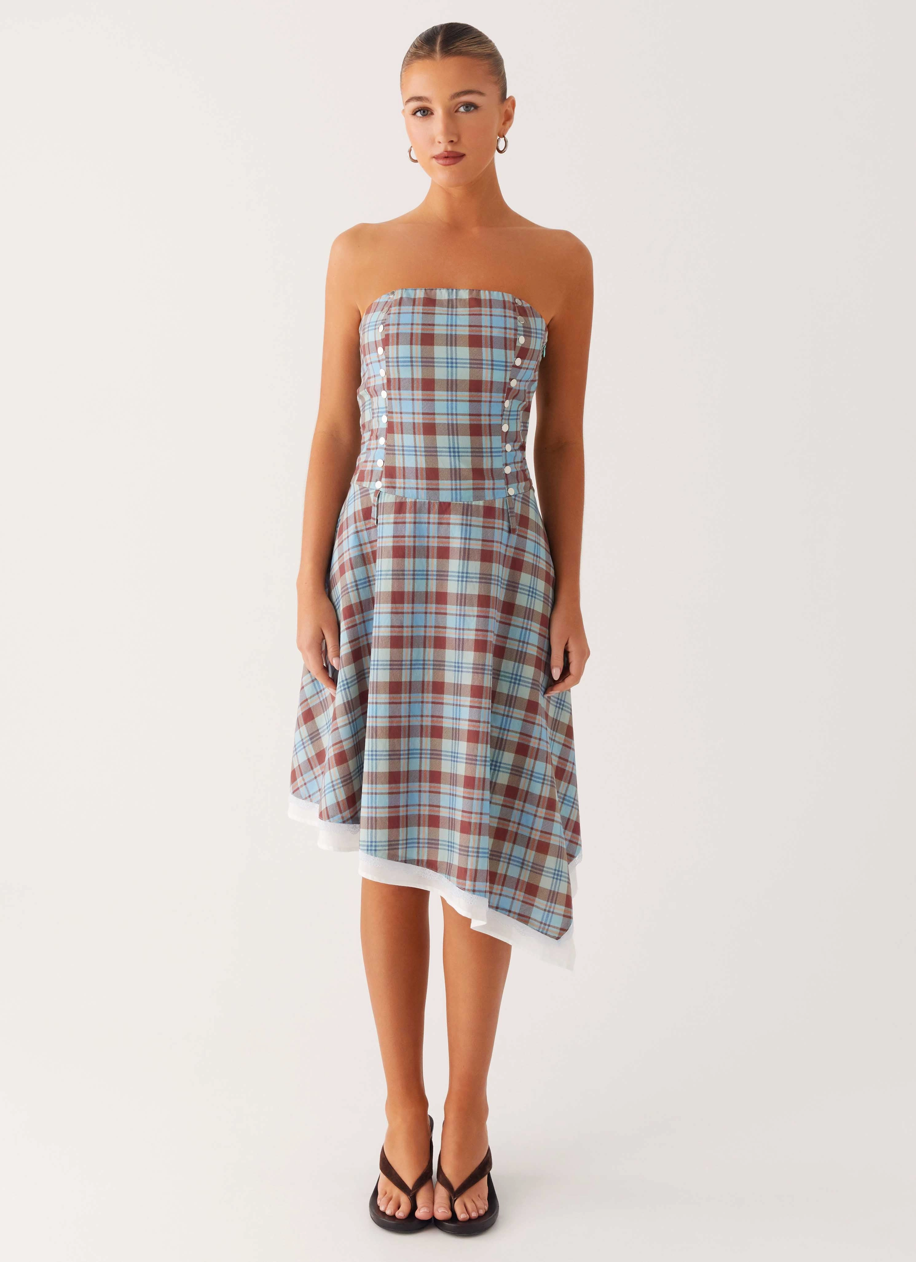 Flattering Lines Tonie Strapless Midi Dress - Shoreline Check