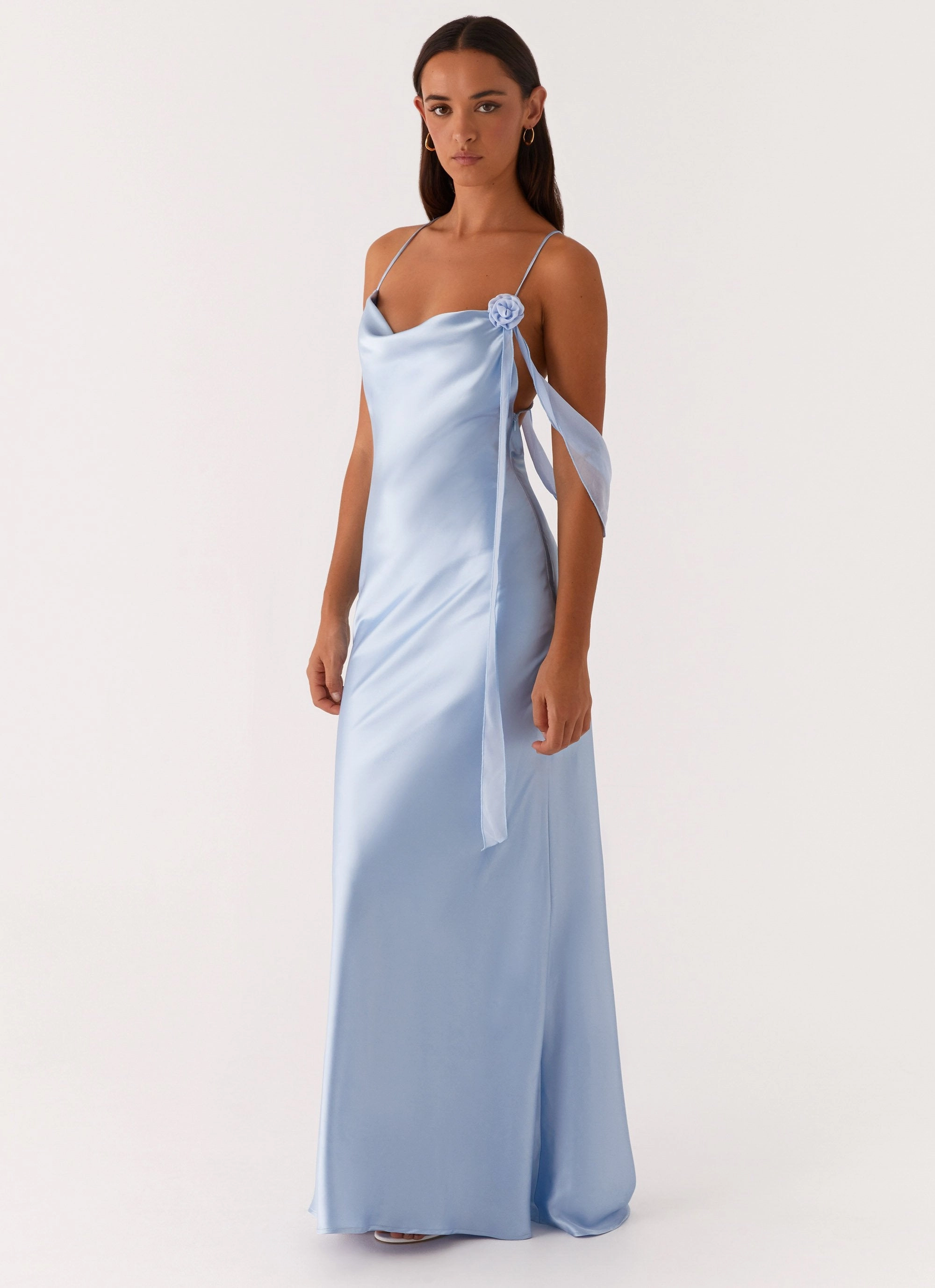 Too Sweet Satin Maxi Dress - Blue Raw-Hem Walk Easy
