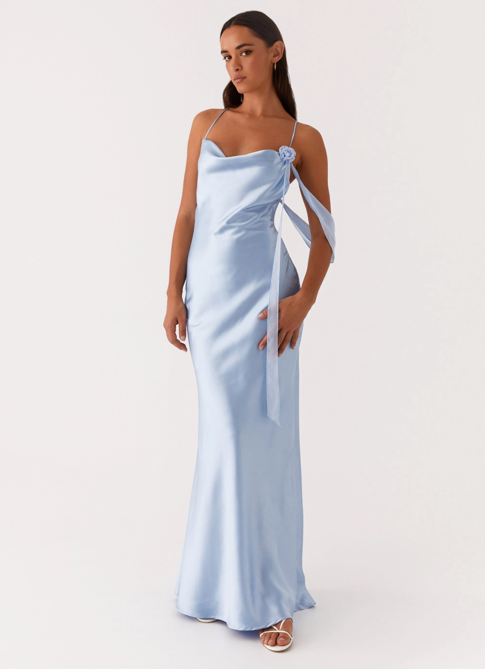 Vibrant Movement Low Key Too Sweet Satin Maxi Dress - Blue