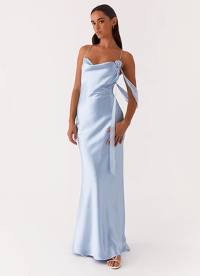 Vibrant Movement Low Key Too Sweet Satin Maxi Dress - Blue