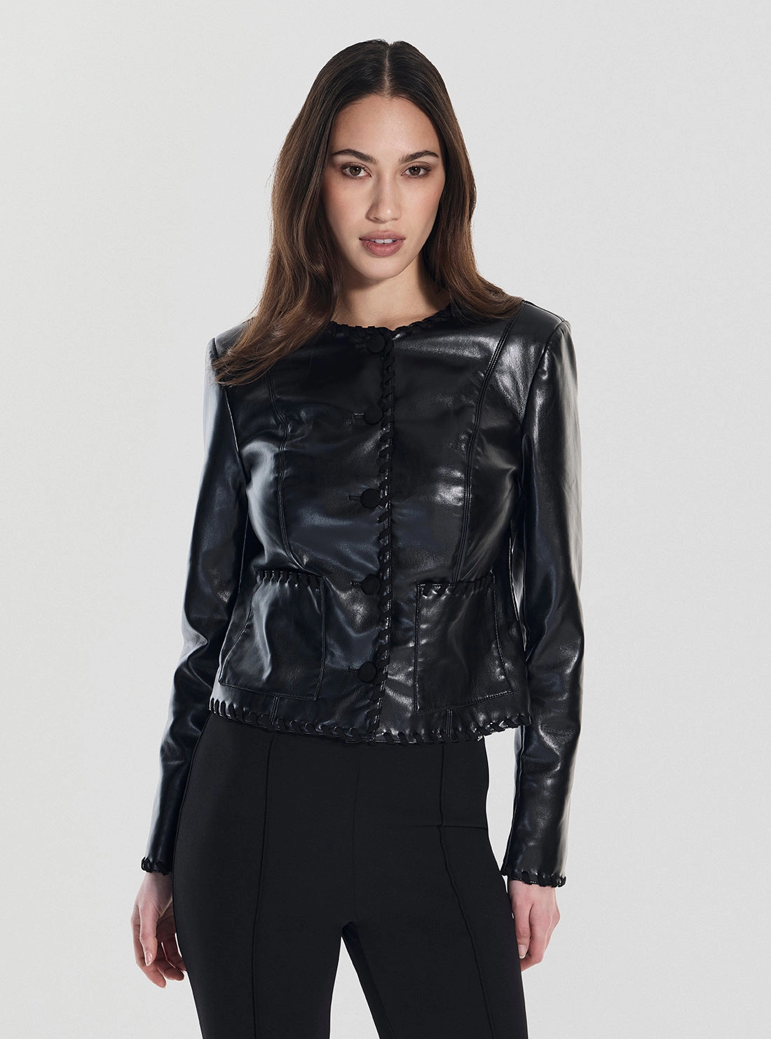 All Season Black Leontine Faux Saffiano Leather Jacket