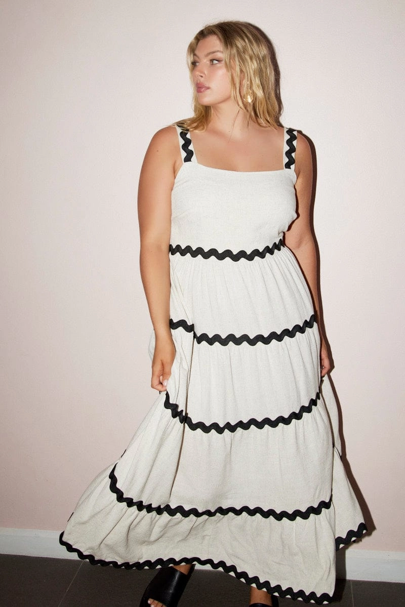 Beige Midi Dress Sleeveless Ric Rac Tiered Linen Blend Office Mood Chill Piece