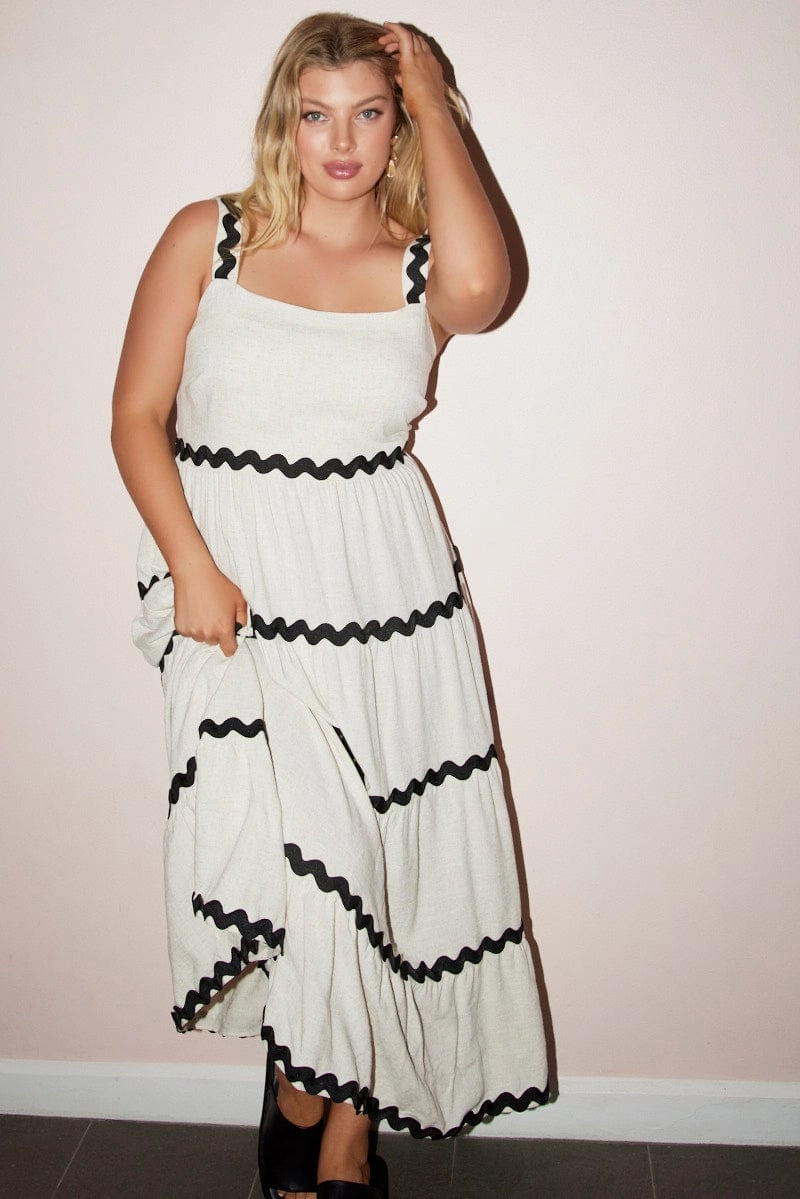 Beige Midi Dress Sleeveless Ric Rac Tiered Linen Blend Feminine Design Dance Night