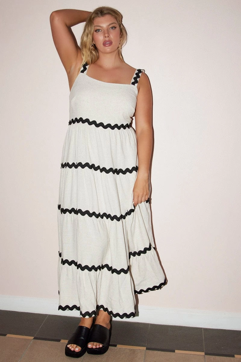 Airy Comfort Beige Midi Dress Sleeveless Ric Rac Tiered Linen Blend