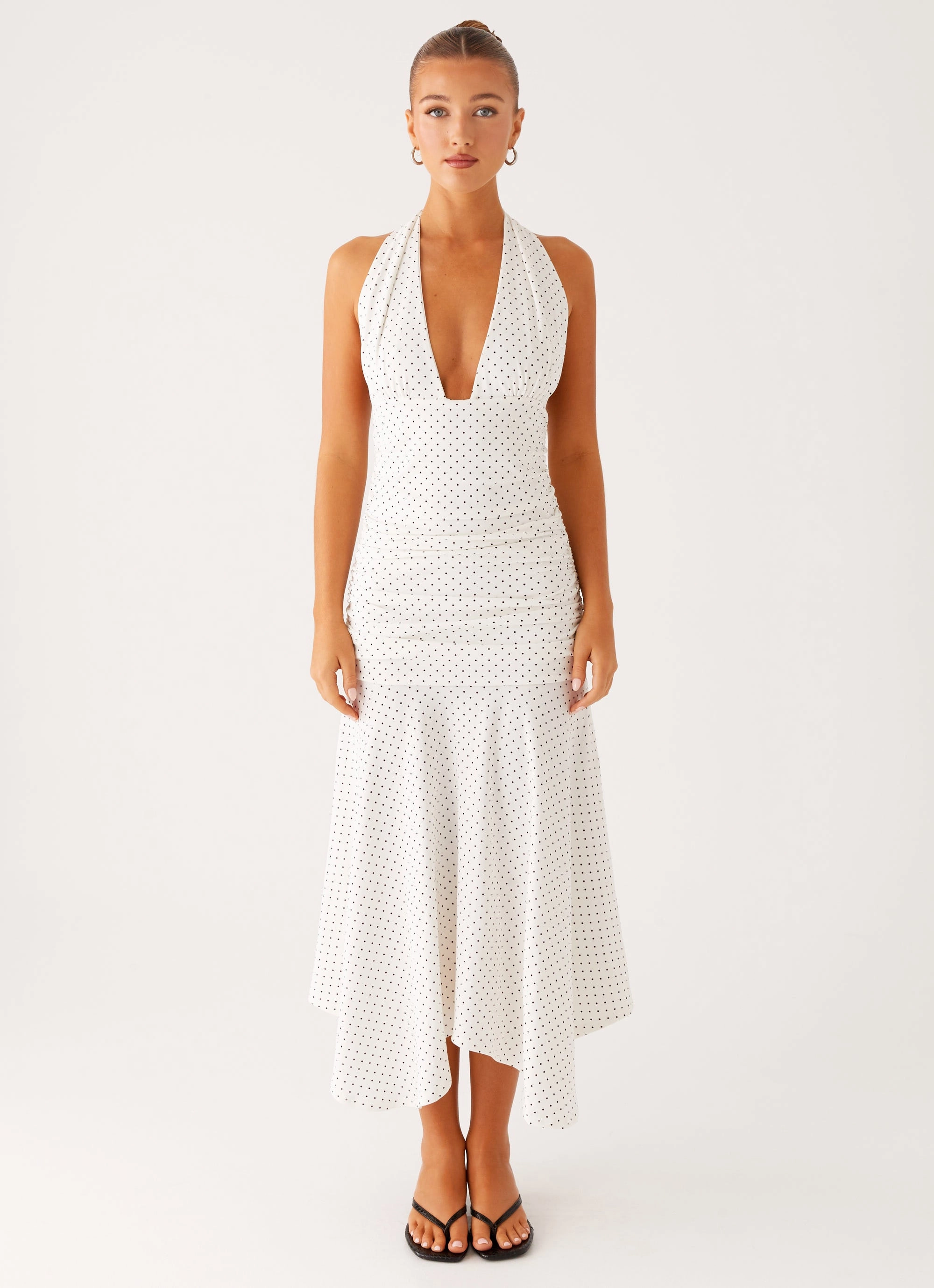 Wave Soft Street-Style Grettana Halter Neck Midi Dress - White Polka Dot