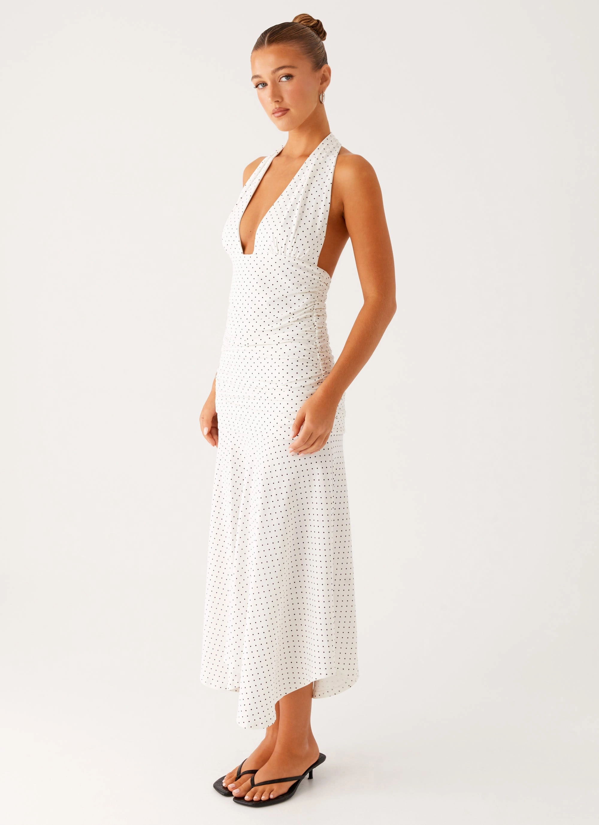 Grettana Halter Neck Midi Dress - White Polka Dot Flare Breeze Stylish Appearance
