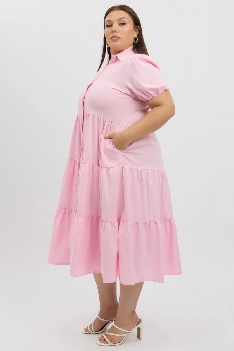 Pink Midi Dress Short Sleeve Shirt Nature Bloom Straight-Cut
