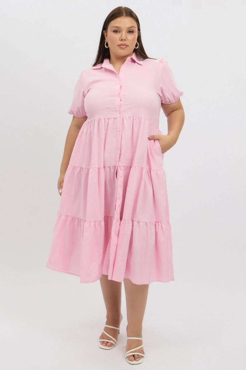 Pink Midi Dress Short Sleeve Shirt Easy Vibe Summer Ready