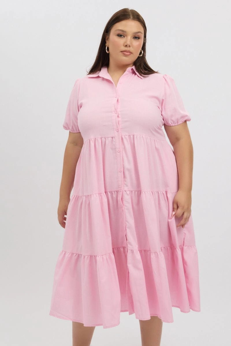 Pink Midi Dress Short Sleeve Shirt Multi Season Feminine Mood