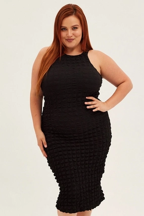 Black Knee Dress Stretch Bubble Texture Daily Comfort Shape Hug