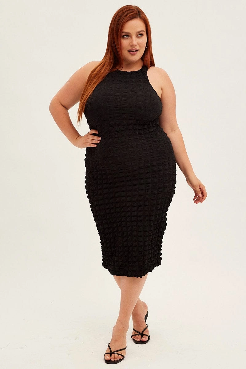 Black Knee Dress Stretch Bubble Texture Trend Detail