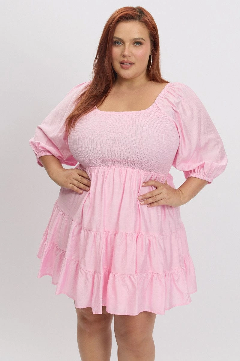 velvet feel Fashion-Forward Fit Pink Shirred Bodice Puff Sleeve Tiered Mini Dress