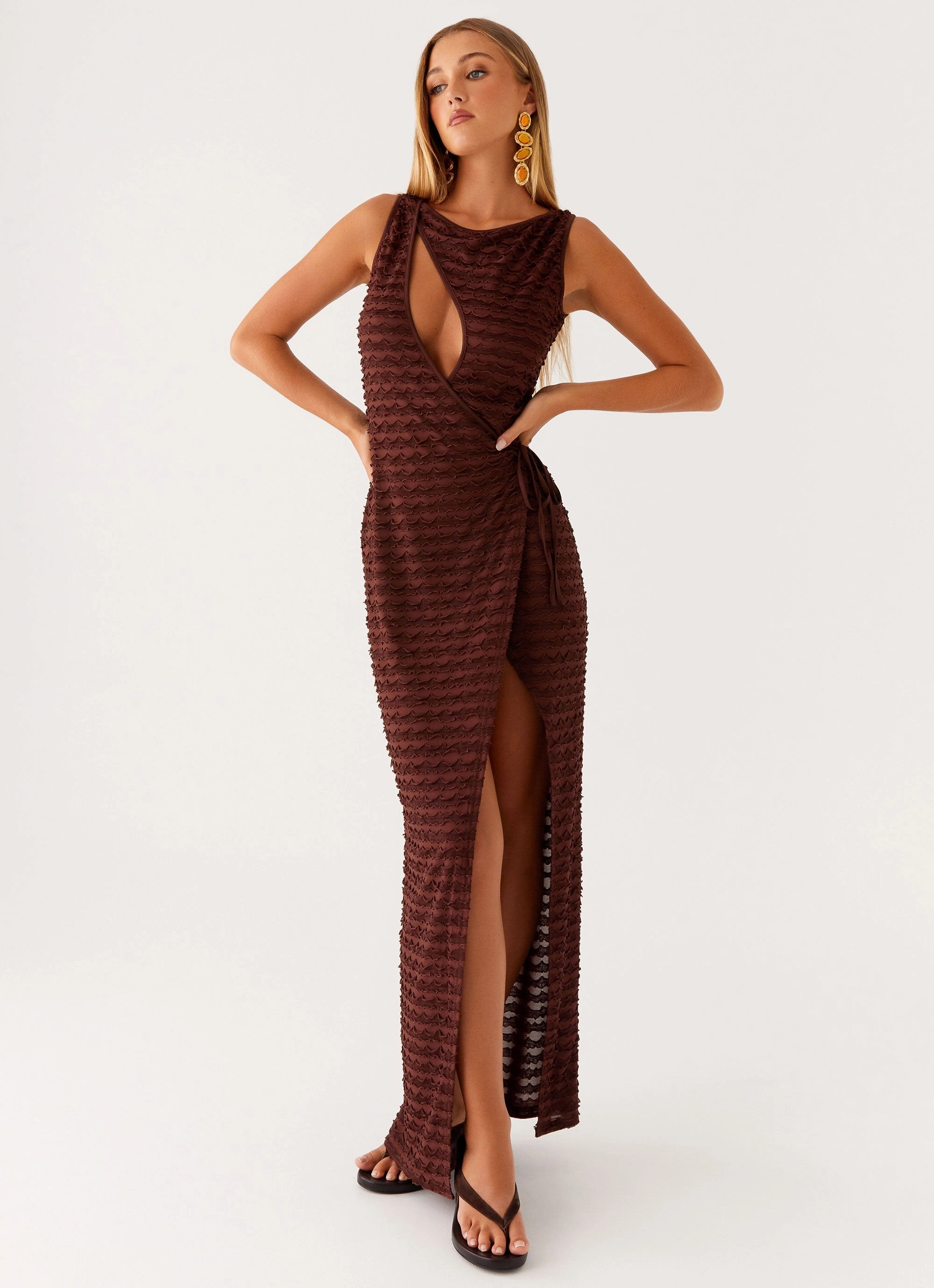 Sterling Wrap Maxi Dress - Chocolate Mesh Soft Sheer-Overlay