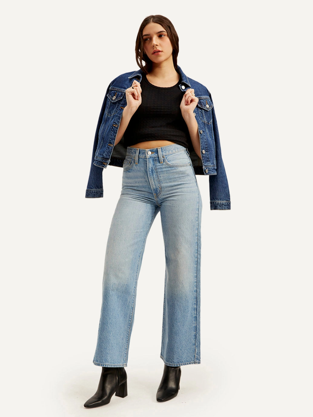 Women's Light Blue Ribcage Bell Bottom Wide Leg Fit High Rise Jeans Water Efficient Wash Process