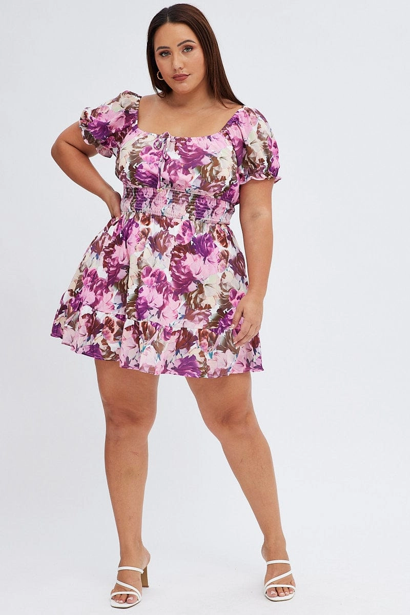 Rose Soft Pink Floral Fit And Flare Dress Short Sleeve Gathered Bust