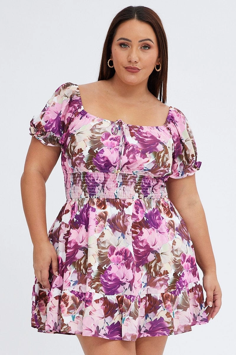 Pink Floral Fit And Flare Dress Short Sleeve Gathered Bust Romantic-Detail