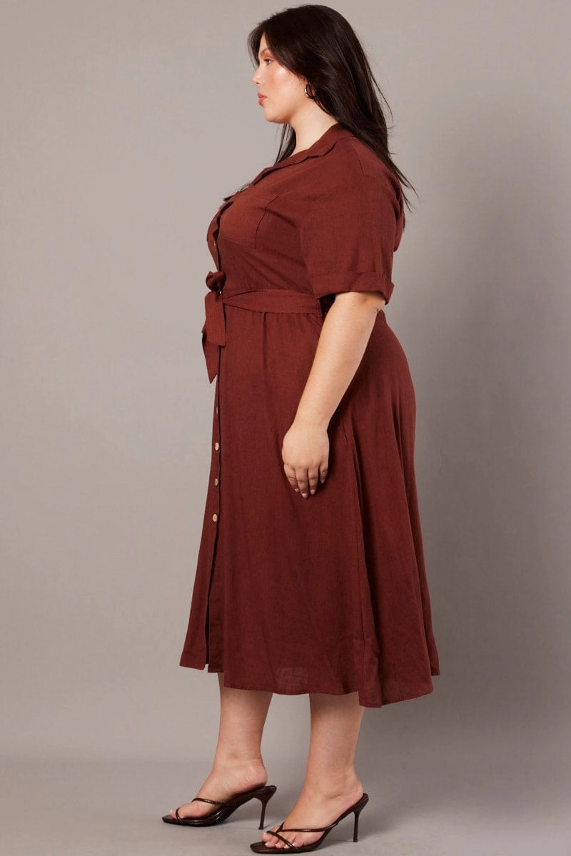 Brown Midi Dress Puff Sleeve Belted With Pockets Luxe style