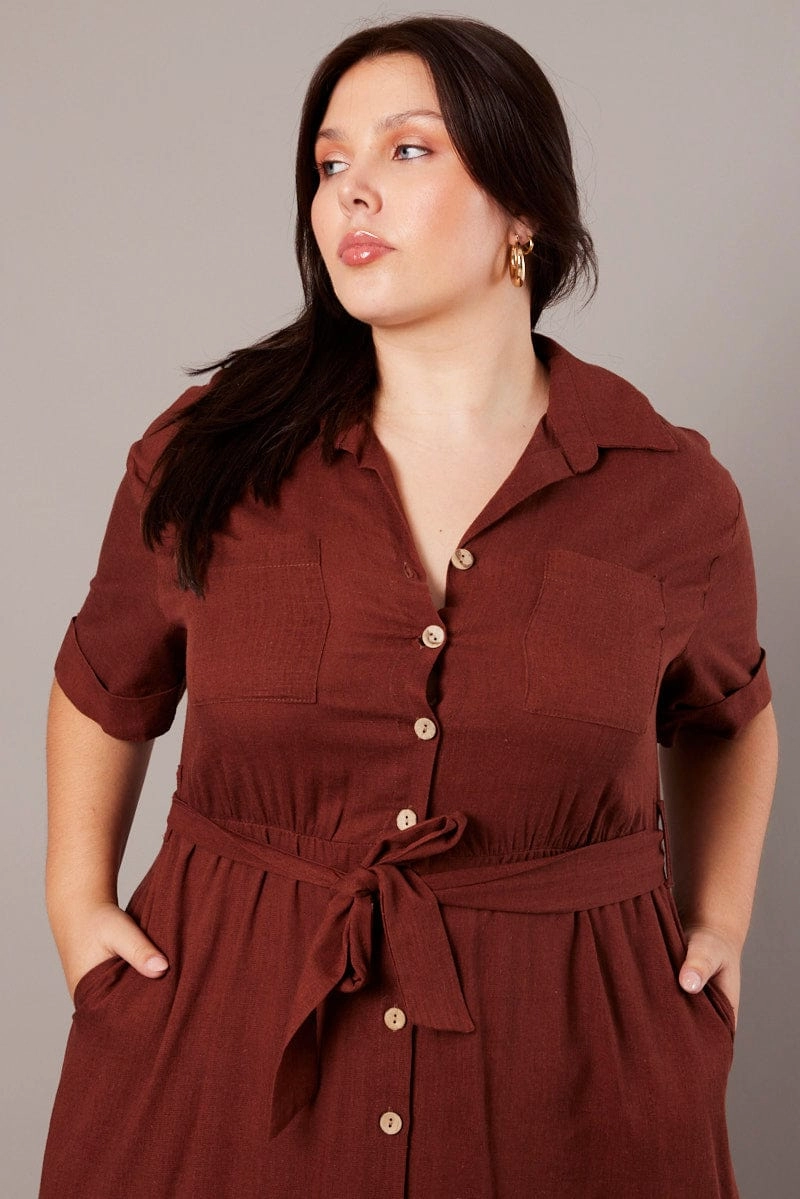Comfortable Layer Brown Midi Dress Puff Sleeve Belted With Pockets
