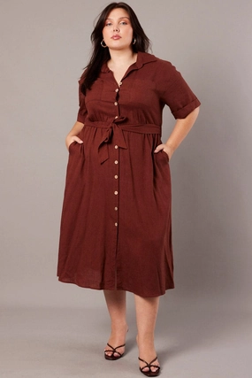 Timeless Line Comfortable Waist Brown Midi Dress Puff Sleeve Belted With Pockets