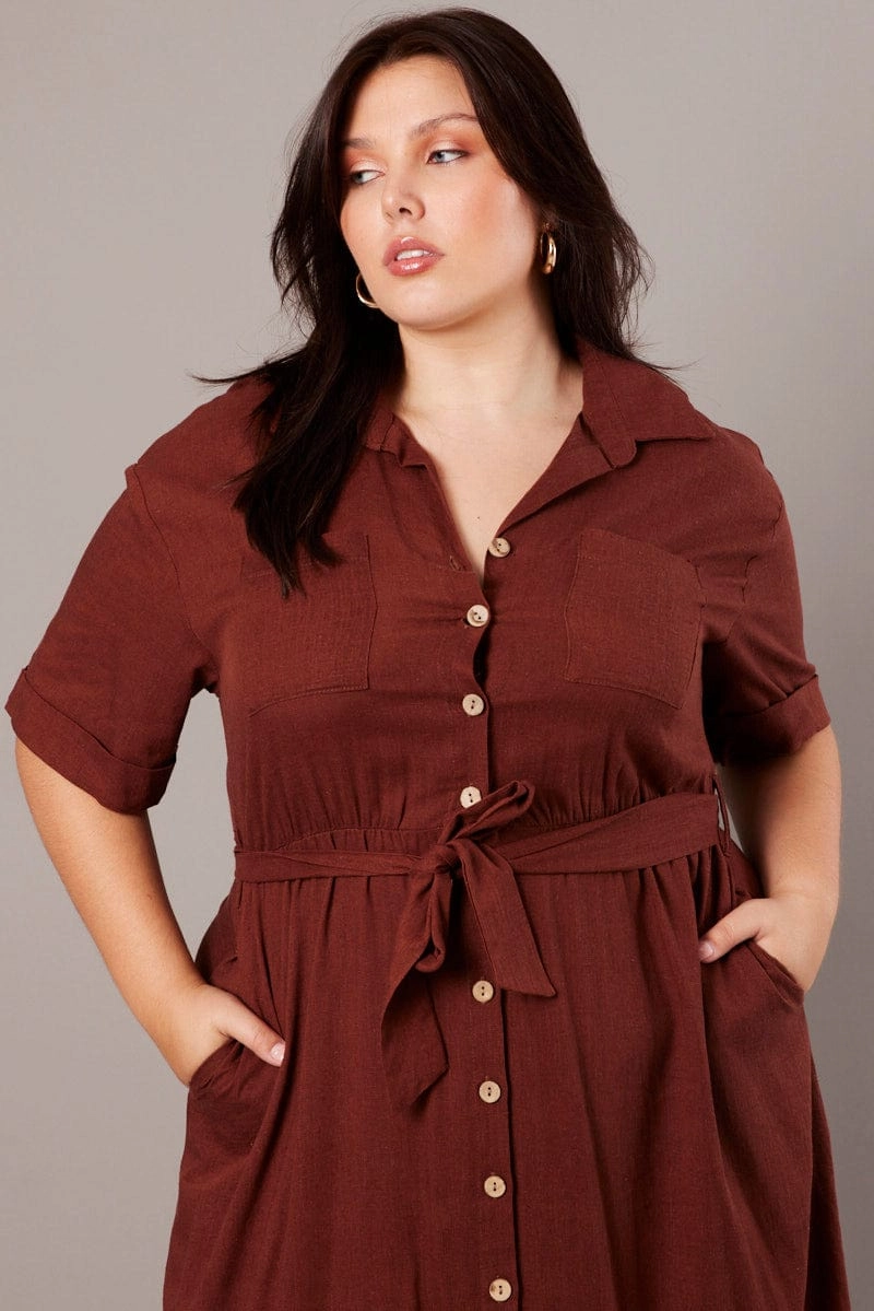 Brown Midi Dress Puff Sleeve Belted With Pockets Light Fit Crisp Texture