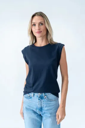Twisted Cap Sleeve Caroline Tee | Navy HeavyweightPremiumBlend Breathable Cotton Fabric Casual Chic