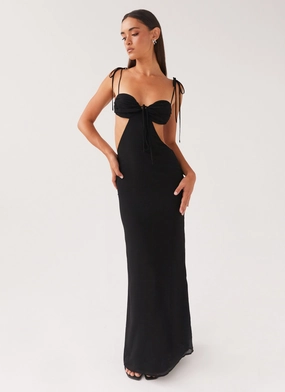 Tyra Ruched Maxi Dress - Black Bold Design Gemstone-Detail