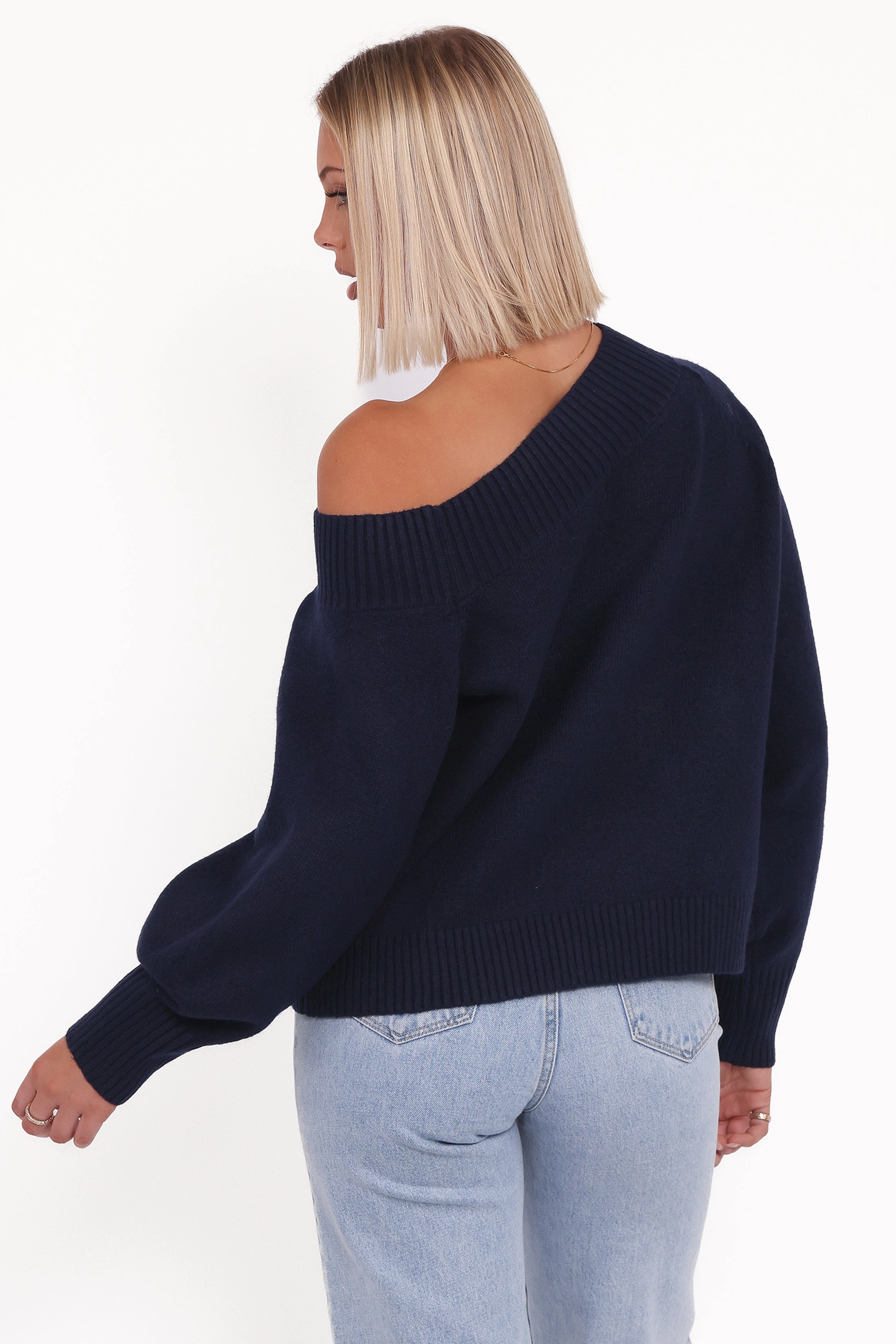 Ailis Off Shoulder Sweater - Navy Mild Weather Essential Drape