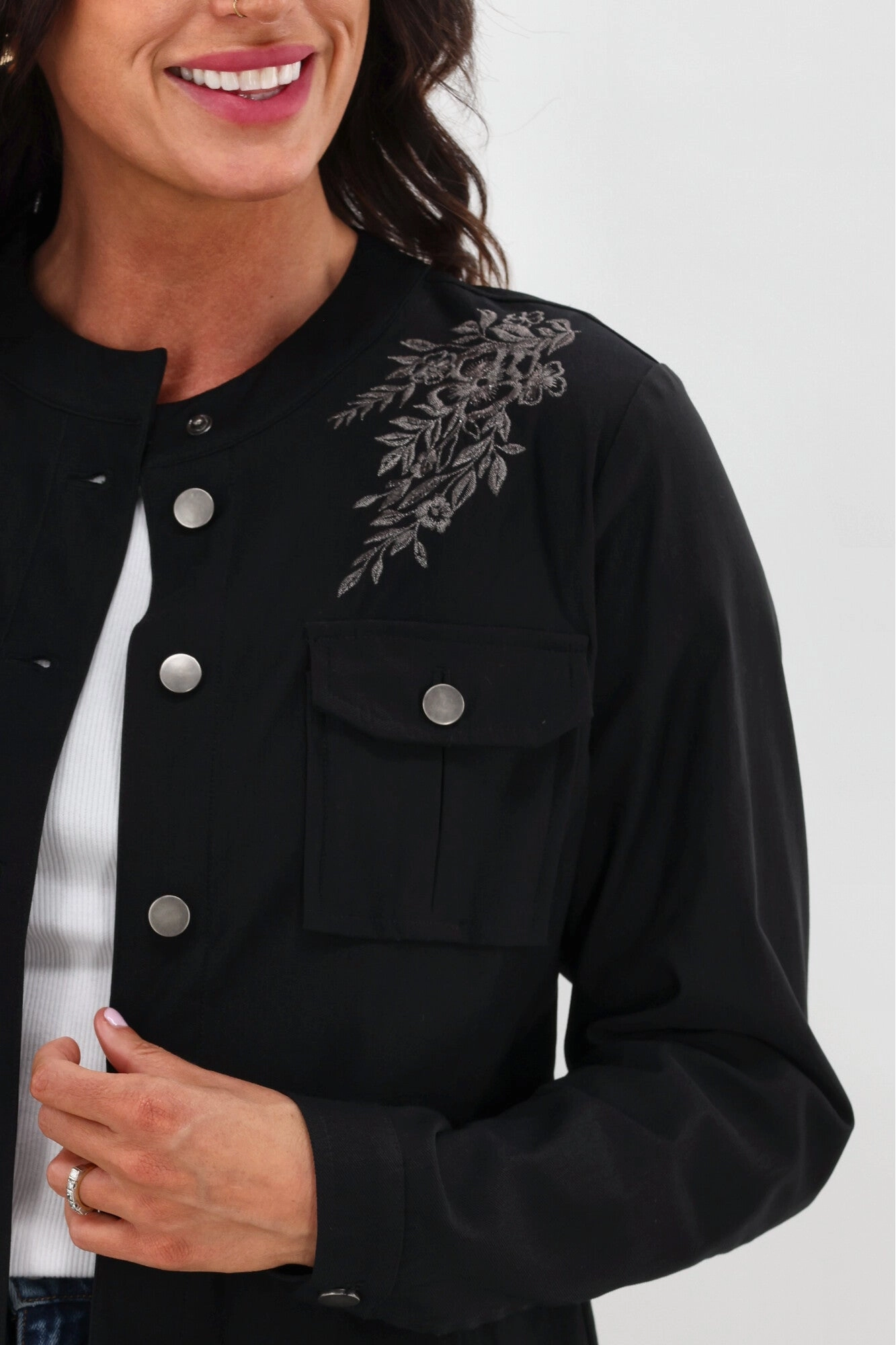 Heavy Duty Buckle Multi Pocket Design Sunday Boho Teller Embroidered Yoke Jacket Black