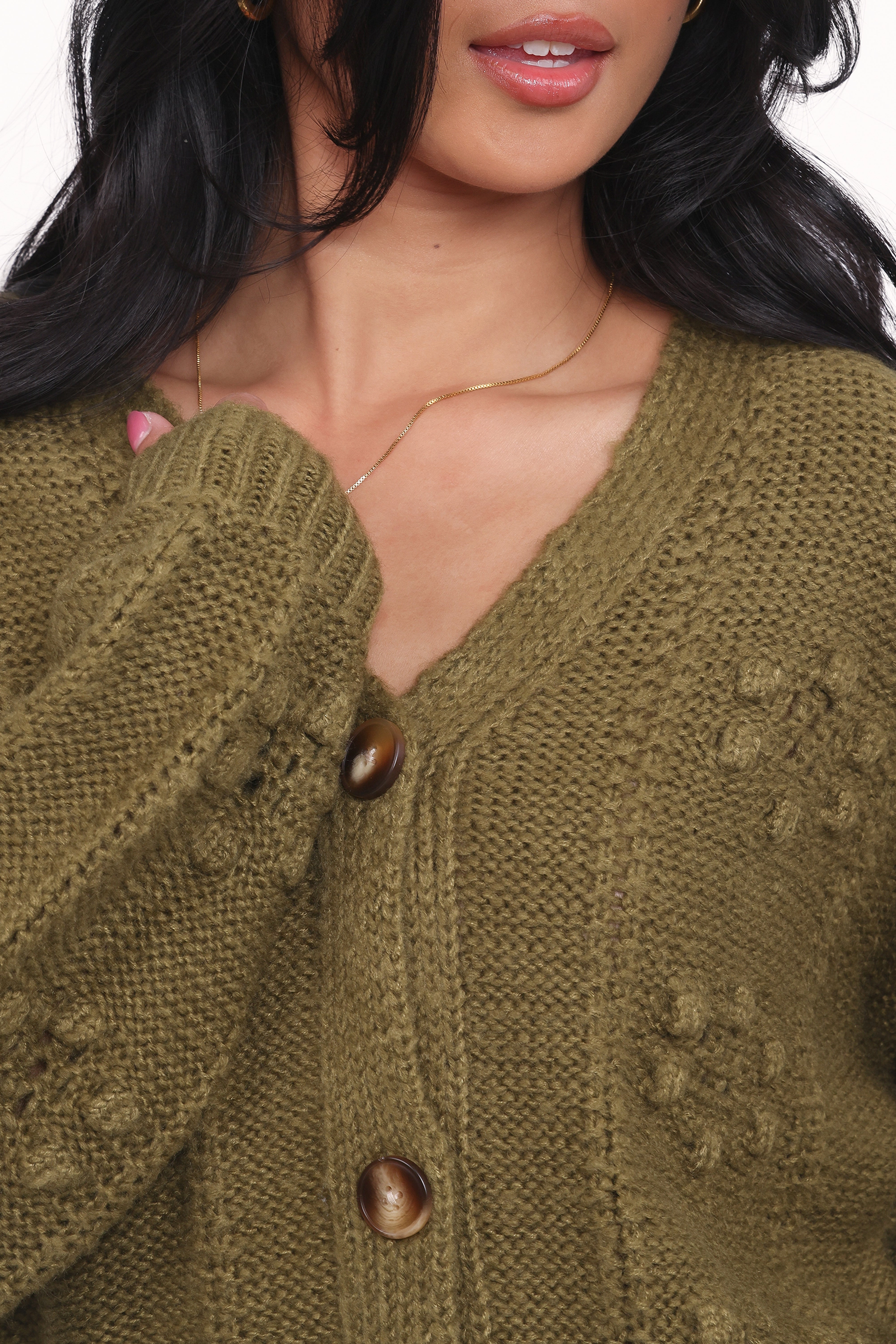 NonRestrictive Cut Melody Textured Button Up Cardigan - Olive