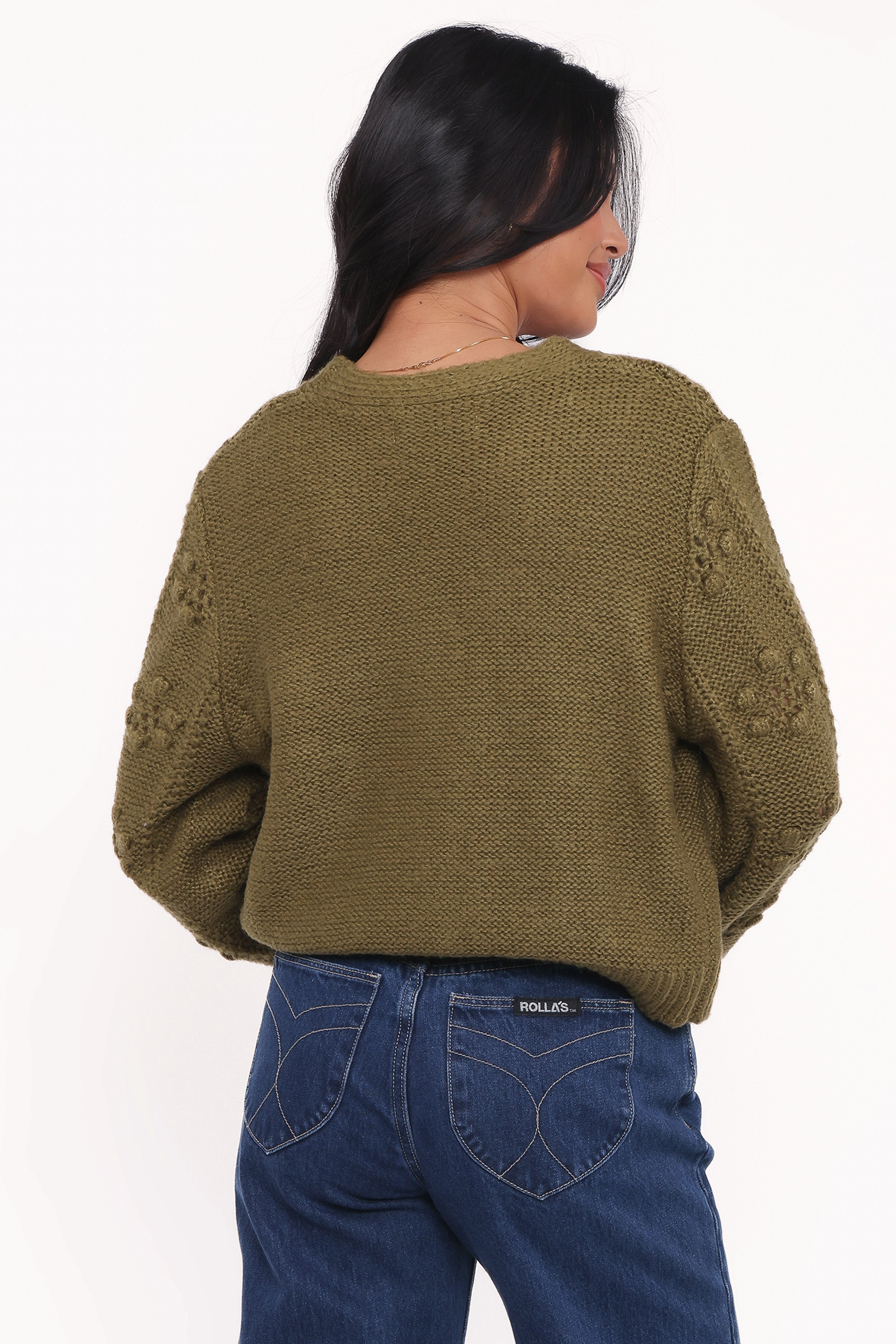 Lightweight Thermal Weave Melody Textured Button Up Cardigan - Olive