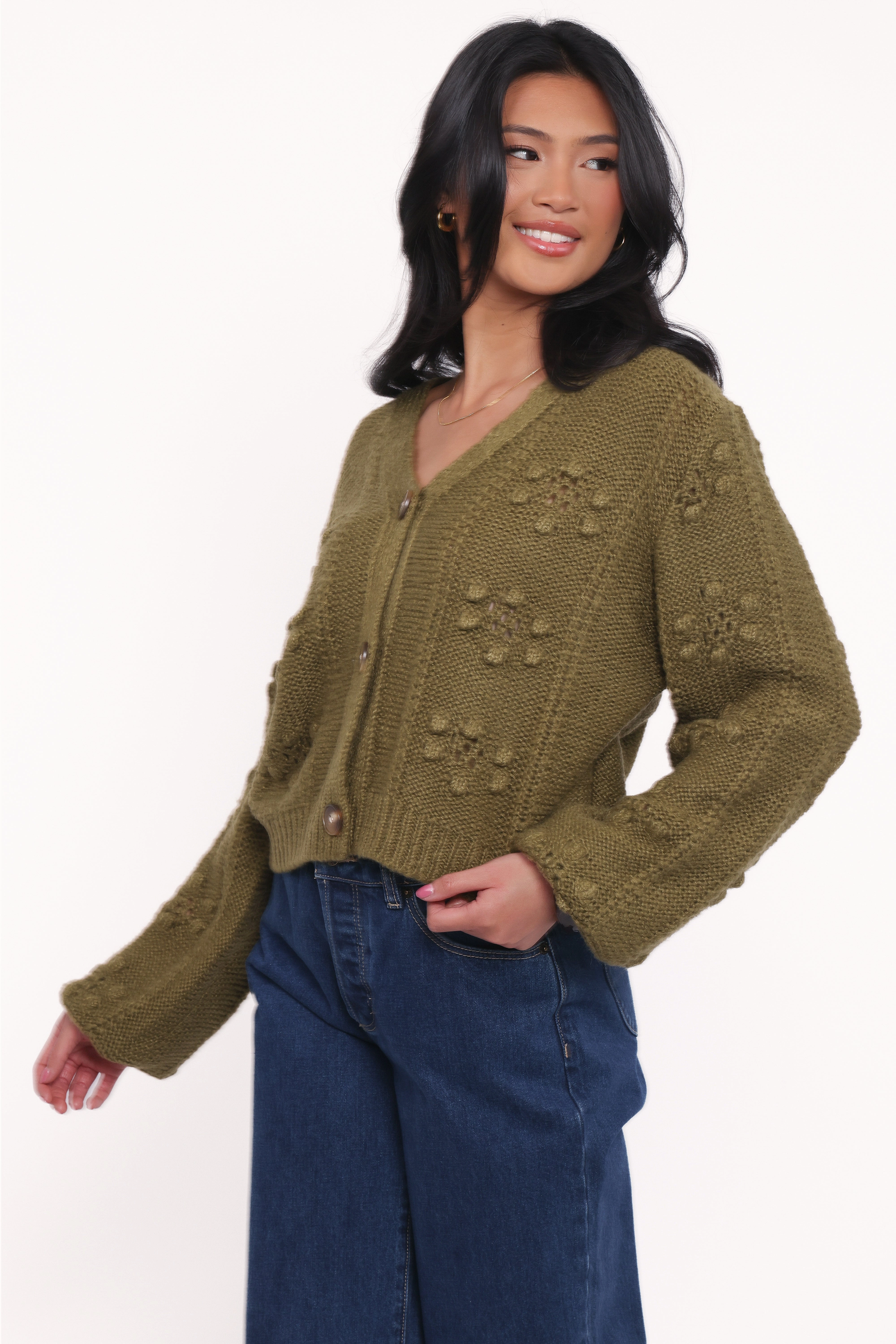 Office Layer Outdoor Leisure Melody Textured Button Up Cardigan - Olive