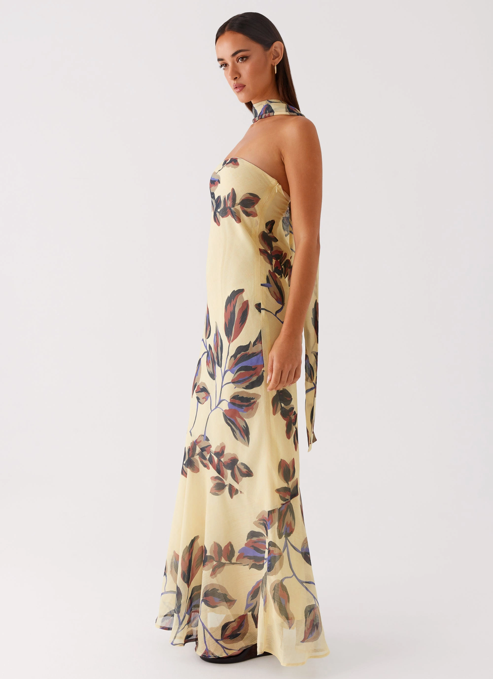 Under The Pagoda Maxi Dress - Buttercream Leaf Print Clean Structure