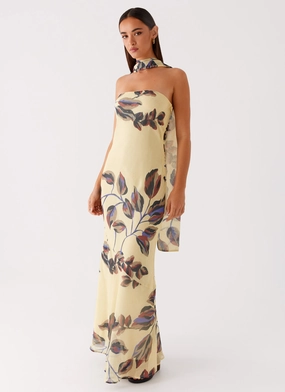 Under The Pagoda Maxi Dress - Buttercream Leaf Print Style Ease Lightweight Material