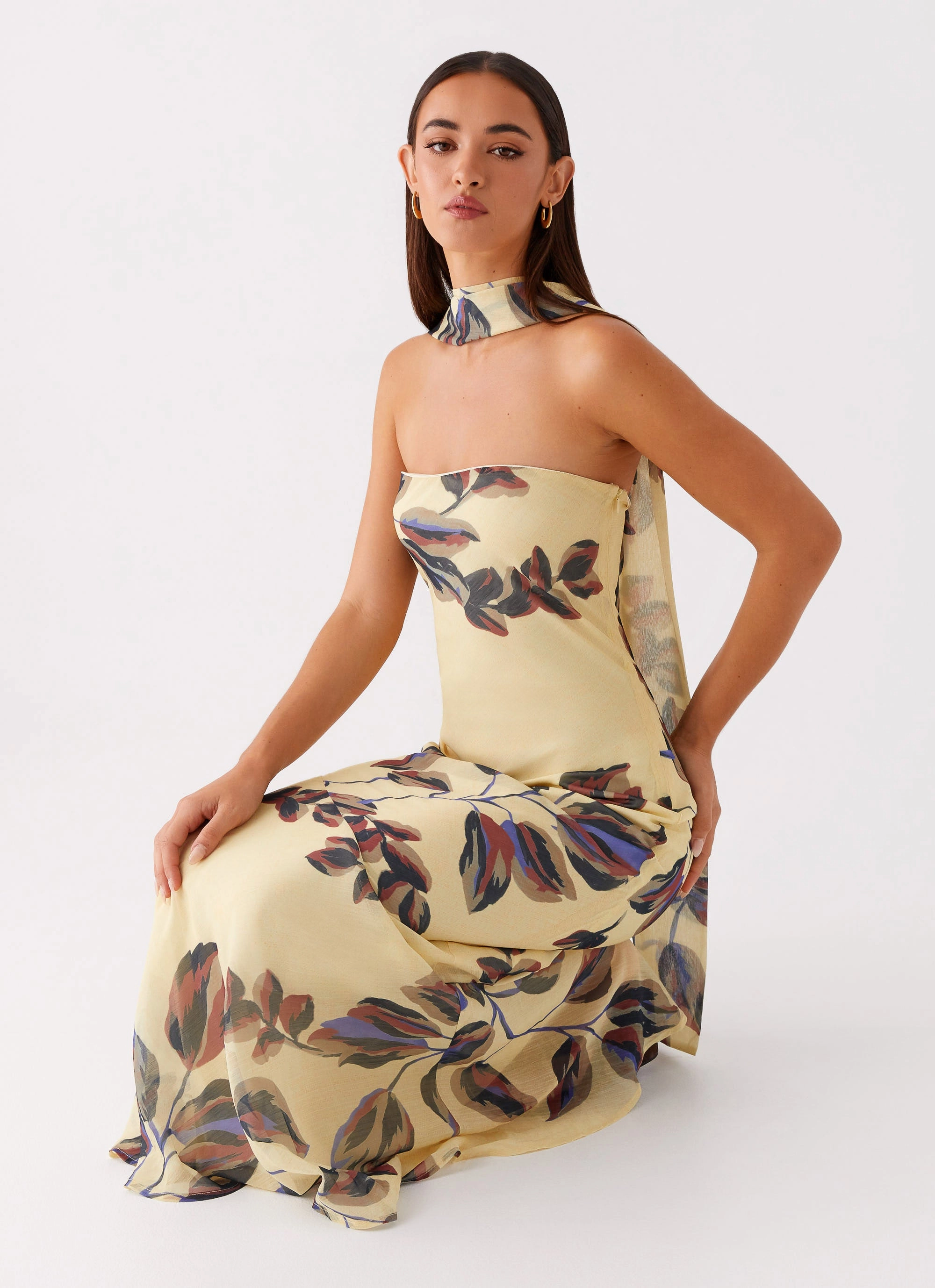 Under The Pagoda Maxi Dress - Buttercream Leaf Print Garden-Party