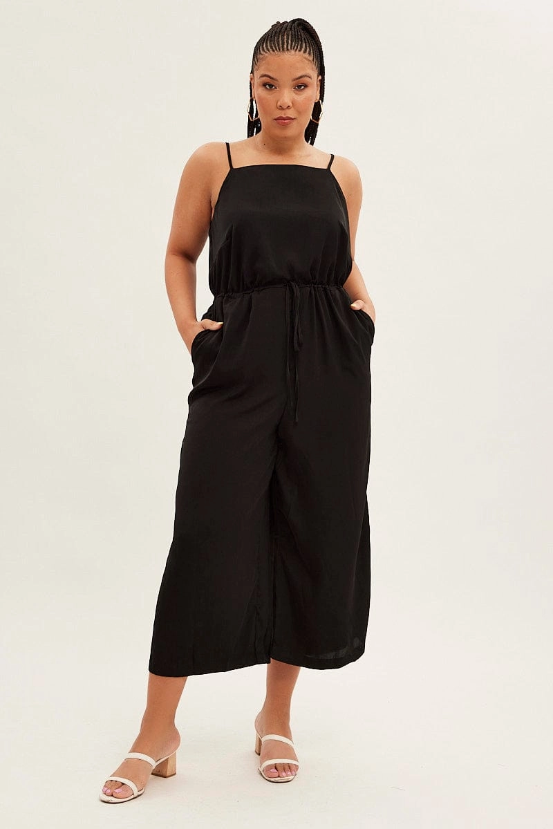 Black Strappy Jumpsuit High Neck Party Matte Satin Cool Motion