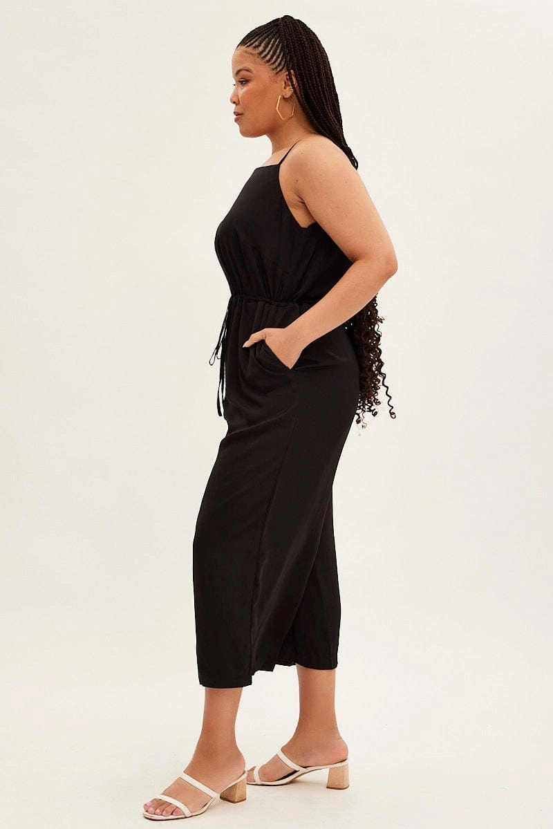 Black Strappy Jumpsuit High Neck Party Matte Satin Lace-Trim Rhinestone-Detail