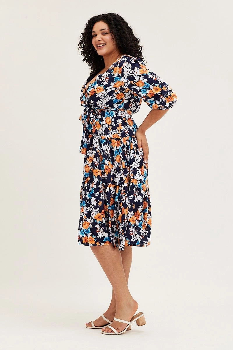 Lace Fine Floral Print Skater Dress V-neck Three-Quarter Sleeve